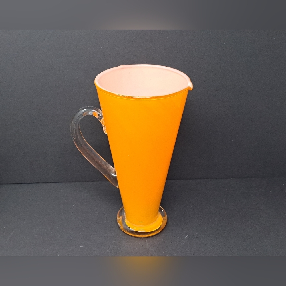 Orange Art Glass Beverage Pitcher With Clear Glass Handle